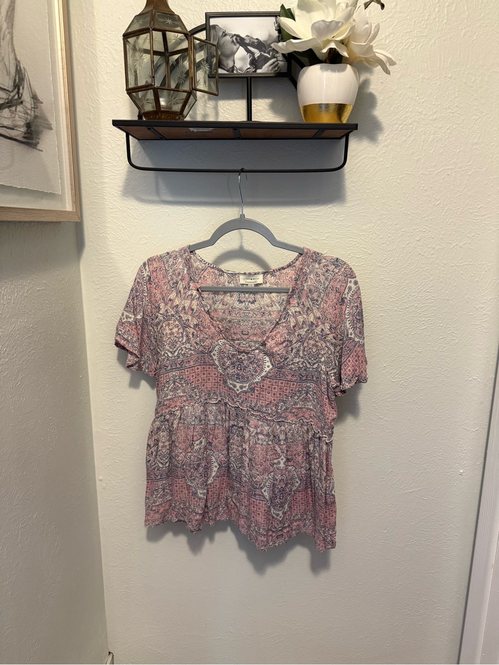 Lucky Brand Pink Paisley Boho Babydoll Peplum Top Size Large